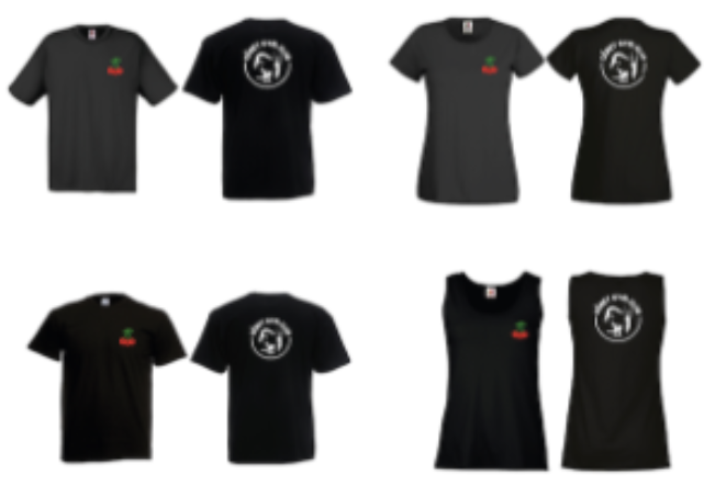Les 4 modèles de tee-shirts du Céret Gym Club : enfant, homme, femme et débardeur femme
